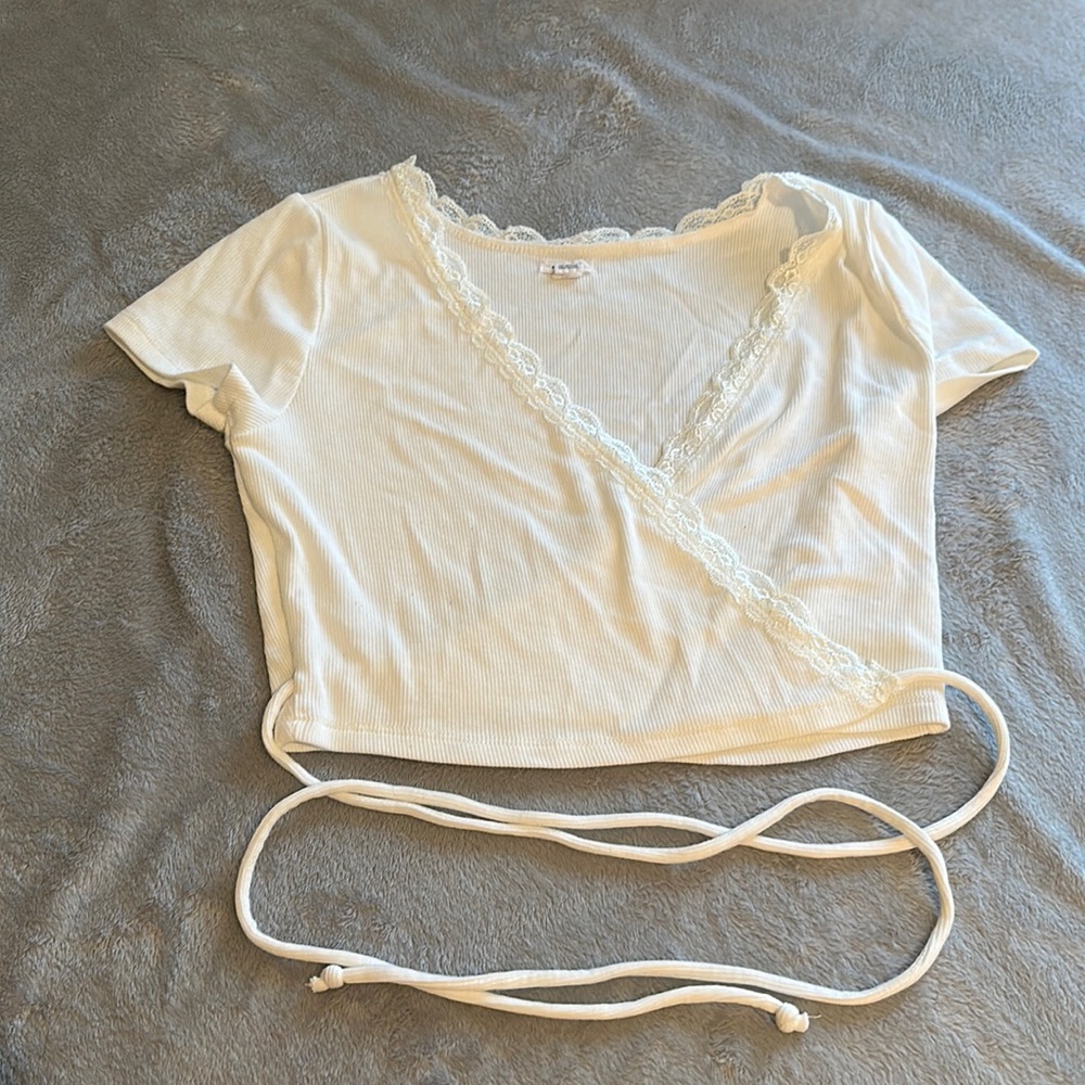 White Wrap Tie Top w/ Lace Detail